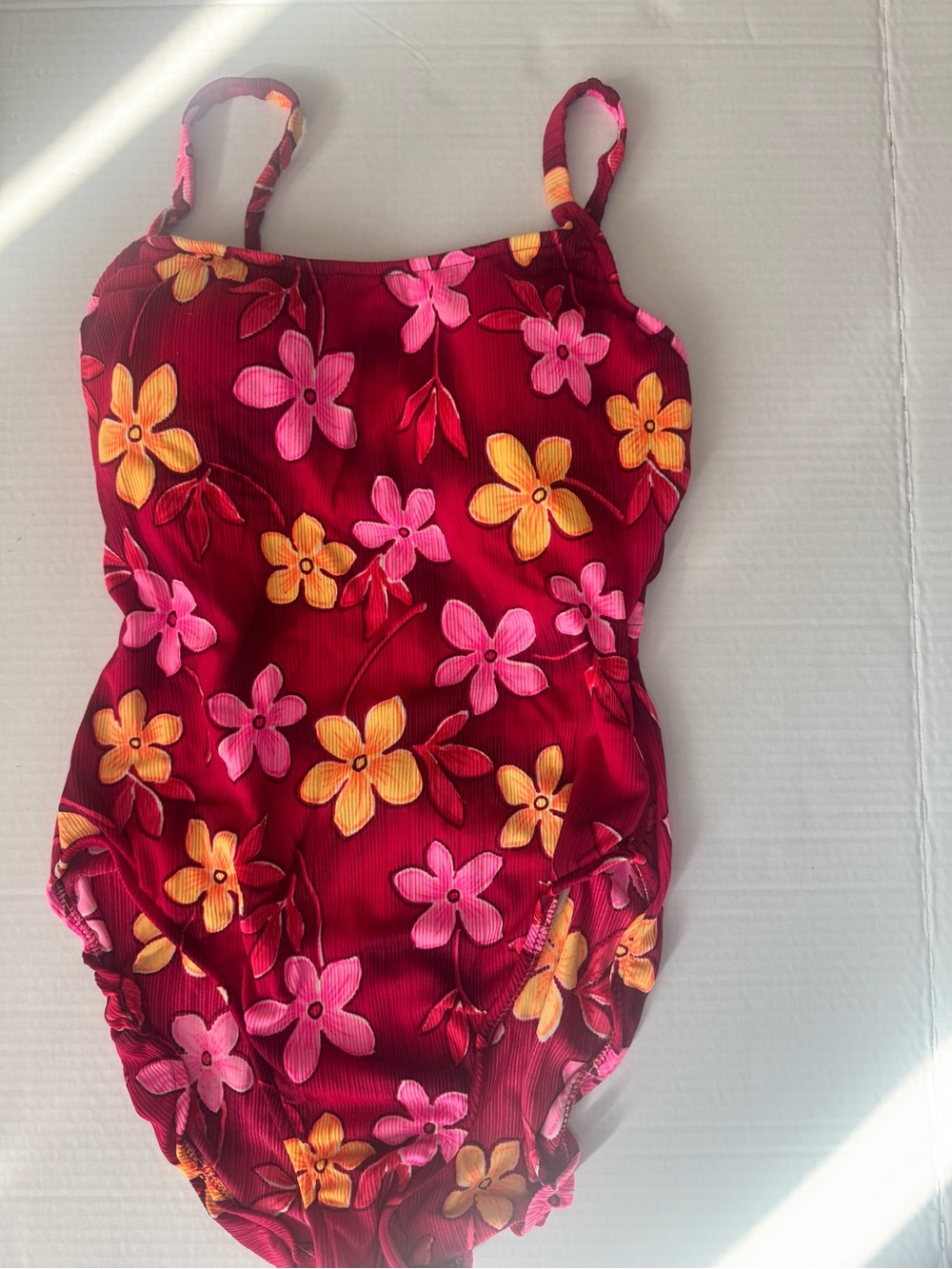 Women’s Floral One-Piece Swimsuit — Red with Pink & Yellow Flowers